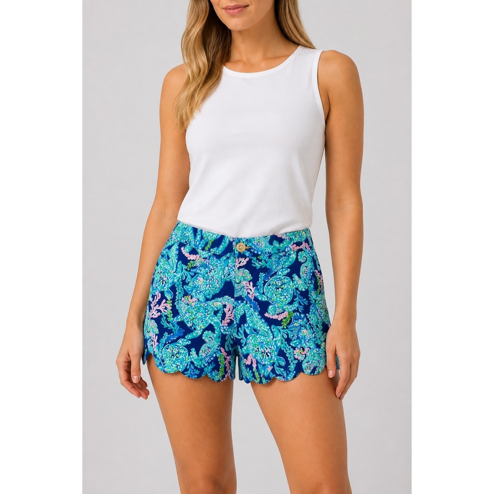 Lilly Pulitzer Buttercup Knit Shorts Turtle Villa Scallop Hem Corsica Blue 8